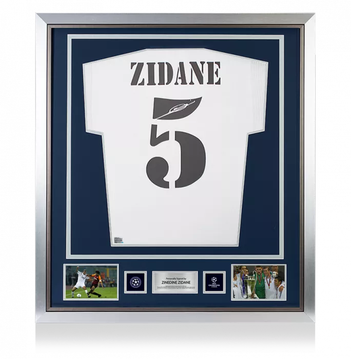 icons Zinedine Zidane Official UEFA Champions League Back Signed and Framed Real Madrid 2002 Home Shirt
