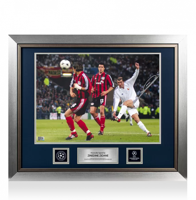 icons Zinedine Zidane Official UEFA Champions League Signed and Framed Real Madrid Photo: 2002 UEFA Champions League Final Volley