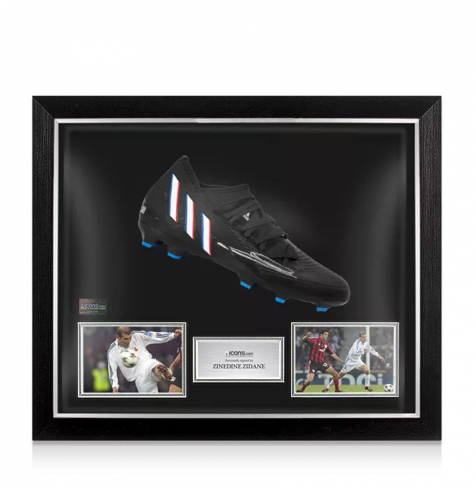 icons Zinedine Zidane Signed Adidas Boot: Black/Blue In Bubble Frame: Option 1