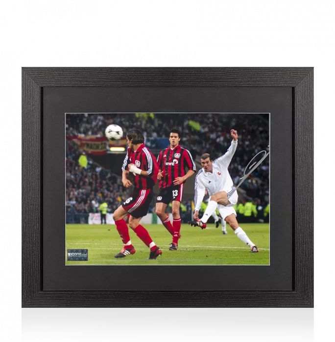 Icons Zinedine Zidane Signed Real Madrid: 2002 UEFA Champions League Final Volley Photo In Black Wooden Frame