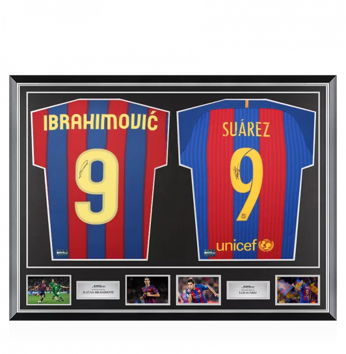 icons Zlatan Ibrahimovic & Luis Suarez Signed Barcelona Shirts In Classic Dual Frame