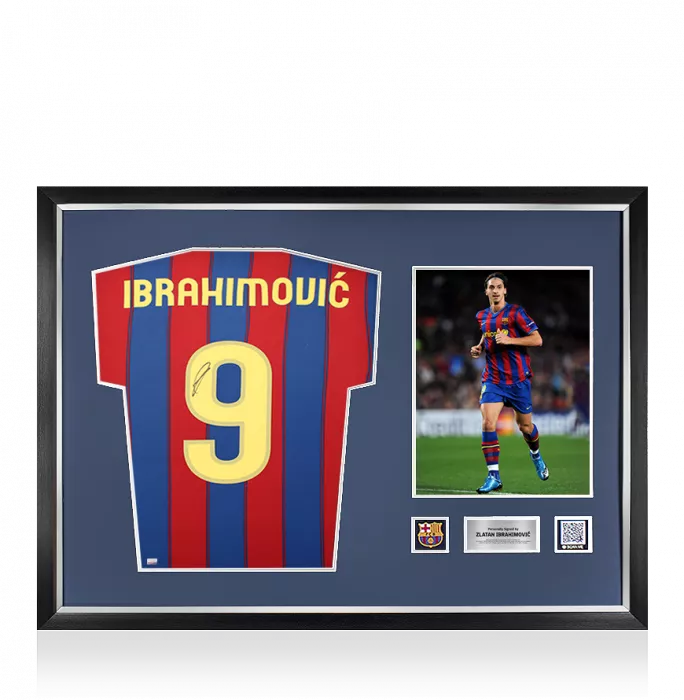 Icons Zlatan Ibrahimovic Official FC Barcelona Back Signed And Framed 2009-10 Home Shirt With Fan Style Number