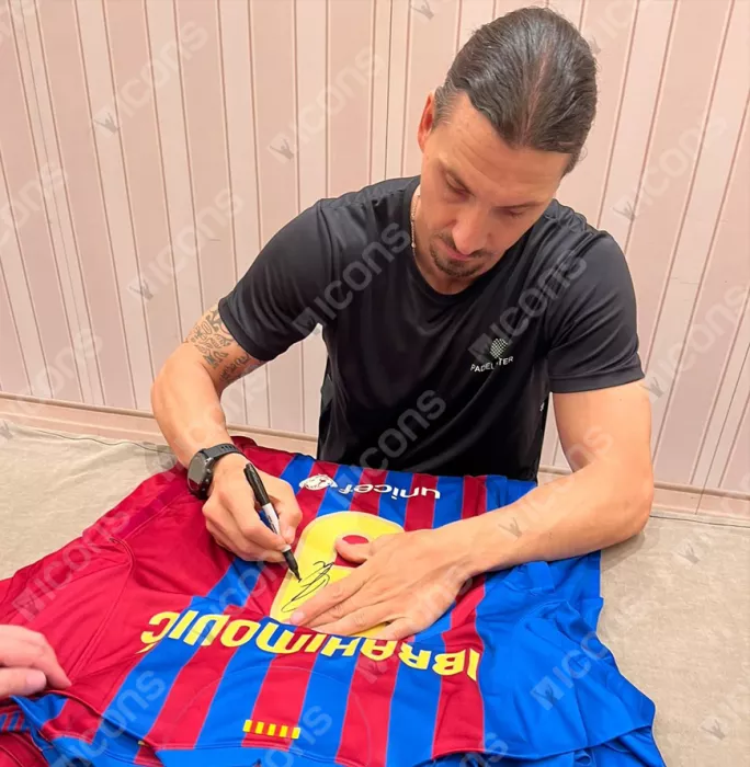 Icons Zlatan Ibrahimovic Official FC Barcelona Back Signed And Framed Modern FC Barcelona Home Shirt With Fan Style Numbers