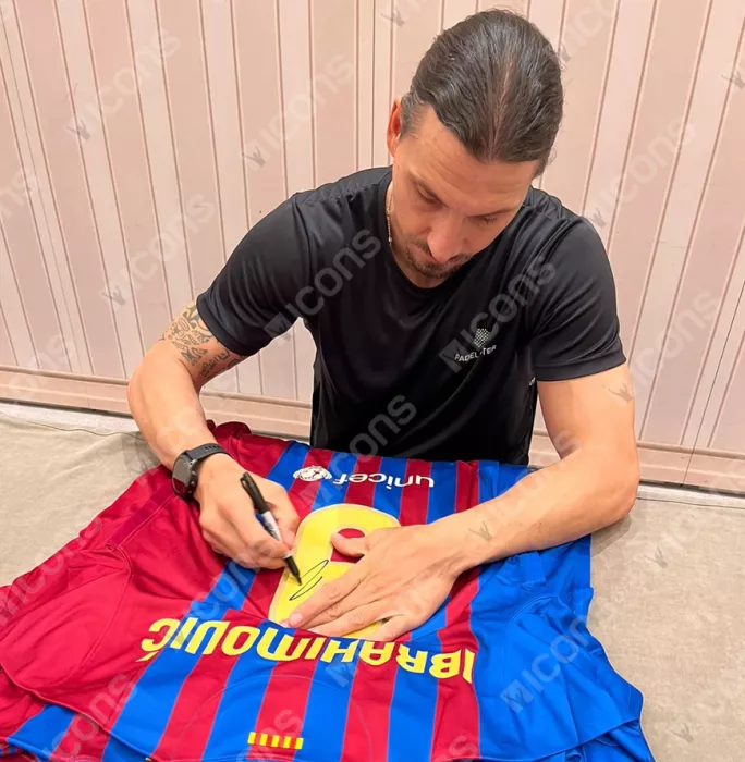 Icons Zlatan Ibrahimovic Official FC Barcelona Back Signed And Framed Modern FC Barcelona Home Shirt With Fan Style Numbers