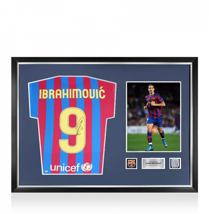 icons Zlatan Ibrahimovic Official FC Barcelona Back Signed and Framed Modern FC Barcelona Home Shirt with Fan Style Numbers
