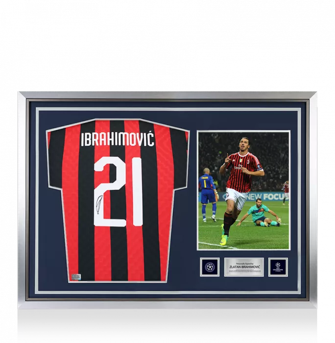 Icons Zlatan Ibrahimovic Official UEFA Champions League Back Signed And Hero Framed AC Milan Retro Home Shirt