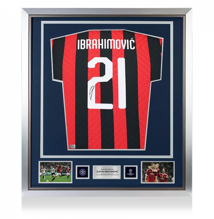 Icons Zlatan Ibrahimovic Official UEFA Champions League Back Signed And Framed AC Milan Retro Home Shirt