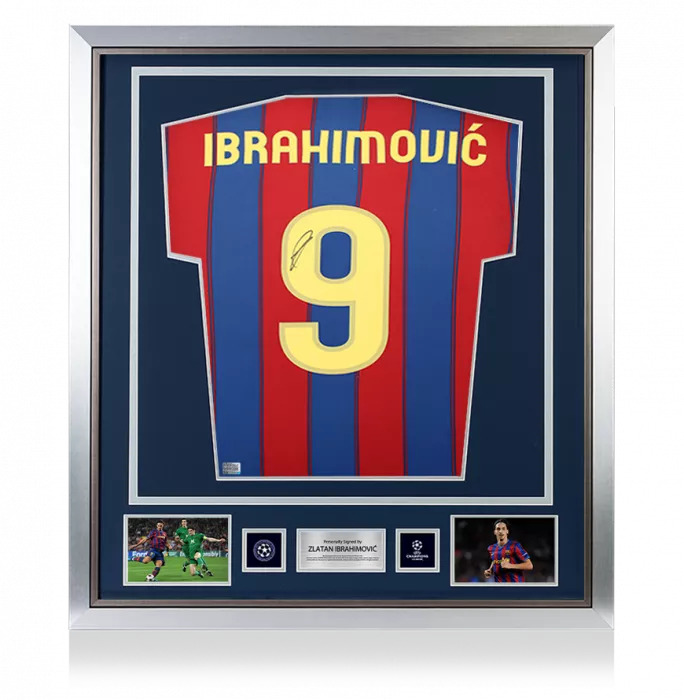 Icons Zlatan Ibrahimovic Official UEFA Champions League Back Signed And Framed FC Barcelona 2009-10 Home Shirt With Fan Style Number