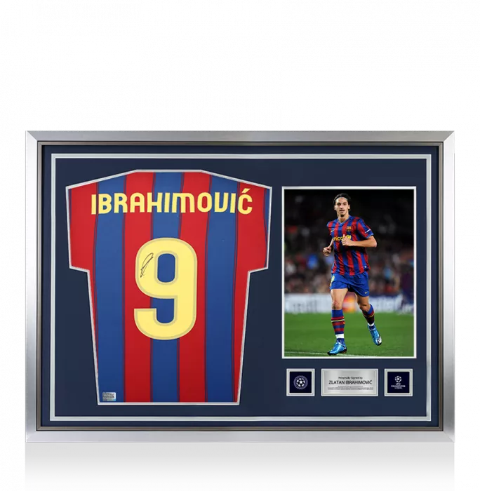 Icons Zlatan Ibrahimovic Official UEFA Champions League Back Signed And Hero Framed FC Barcelona 2009-10 Home Shirt With Fan Style Number
