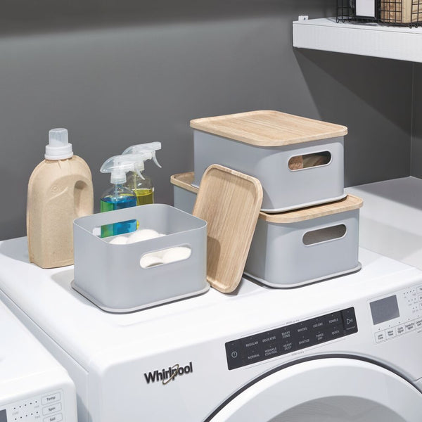 Idesign IDesign Eco BPA-Free Plastic Medium Lidded Bin With Handles Wood/Gray