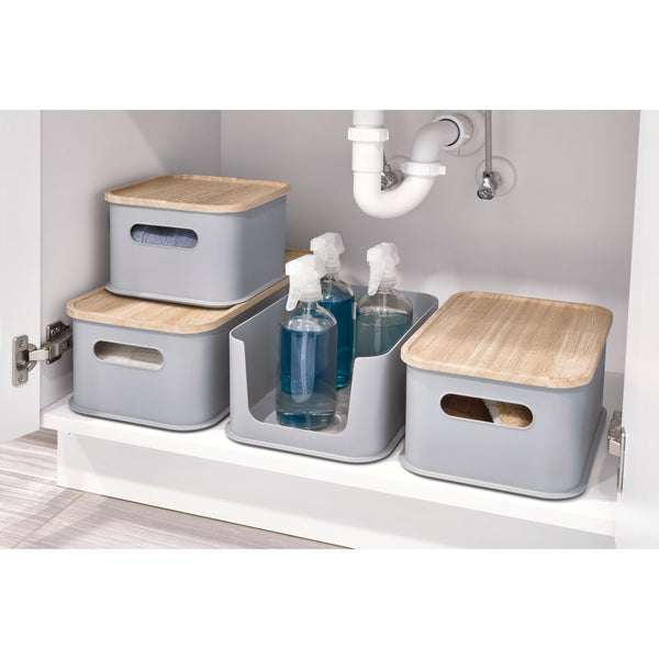Idesign IDesign Eco BPA-Free Plastic Medium Lidded Bin With Handles Wood/Gray