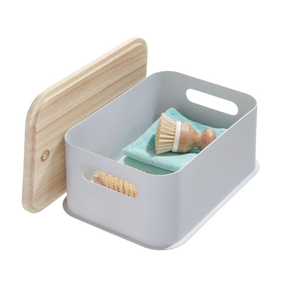 idesign iDesign Eco BPA-Free Plastic Medium Lidded Bin with Handles Wood/Gray