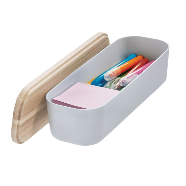 Idesign IDesign Eco BPA-Free Recycled Plastic 10.8" Compact Bin With Paulownia Wood Lid Gray