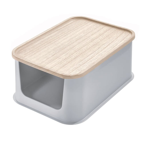 Idesign IDesign Eco BPA-Free Recycled Plastic Medium Open-Front Storage Bin With Paulownia Wood Lid Gray