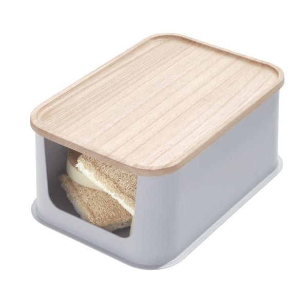 idesign iDesign Eco BPA-Free Recycled Plastic Medium Open-Front Storage Bin with Paulownia Wood Lid Gray
