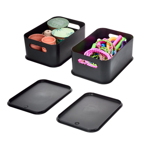 Idesign IDesign Eco Garage Storage Handled Bins With Lid Made From Recycled Plastic - Set Of 2 Matte Black