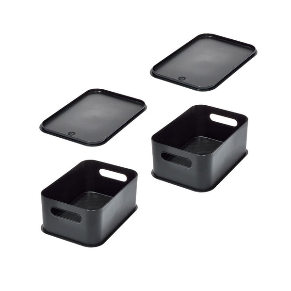 Idesign IDesign Eco Garage Storage Handled Bins With Lid Made From Recycled Plastic - Set Of 2 Matte Black