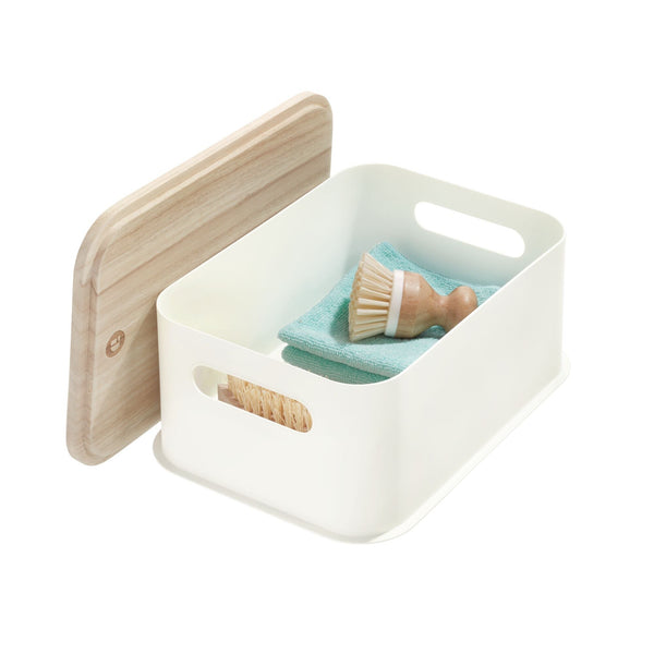 Idesign IDesign Plastic Medium Lidded Storage Bin With Handles Wood/Coconut