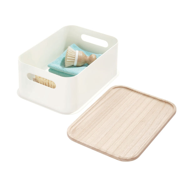Idesign IDesign Plastic Medium Lidded Storage Bin With Handles Wood/Coconut