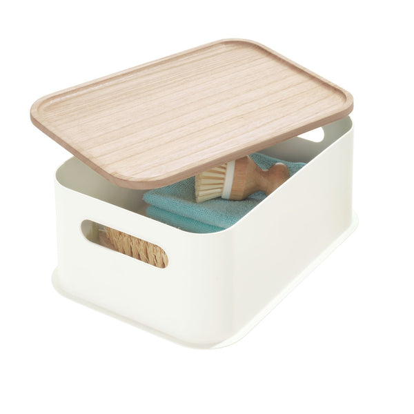 idesign iDesign Plastic Medium Lidded Storage Bin with Handles Wood/Coconut