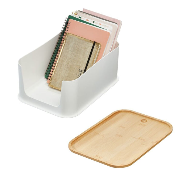 Idesign IDesign Recycled Plastic Open Front Storage Bins With Handle And Bamboo Lid Coconut