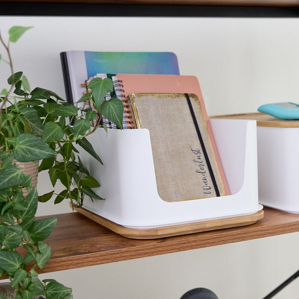 Idesign IDesign Recycled Plastic Open Front Storage Bins With Handle And Bamboo Lid Coconut