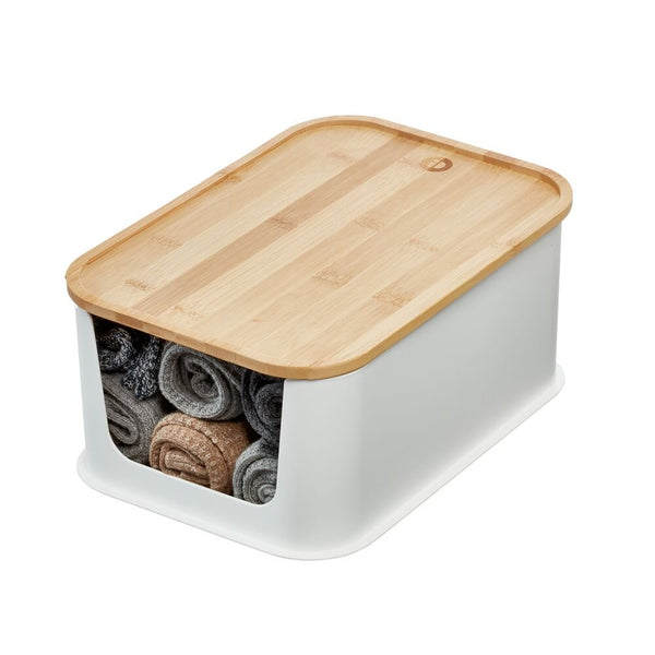 idesign iDesign Recycled Plastic Open Front Storage Bins with Handle and Bamboo Lid Coconut