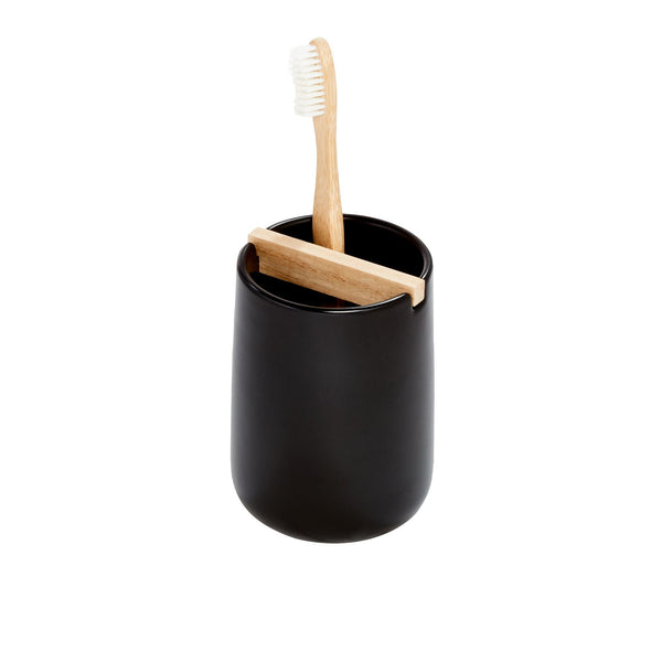 Idesign IDesign Vanity Ceramic Toothbrush Holder With Paulownia Wood Divider