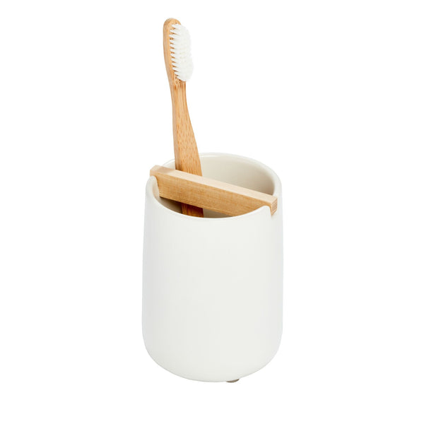 Idesign IDesign Vanity Ceramic Toothbrush Holder With Paulownia Wood Divider