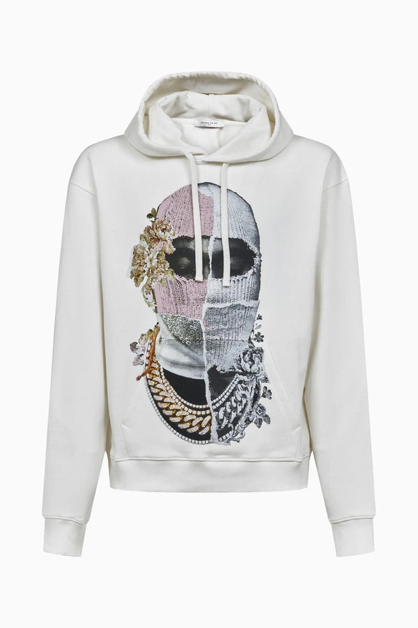 ih nom uh nit Hoodie with Newspaper style Mask Print