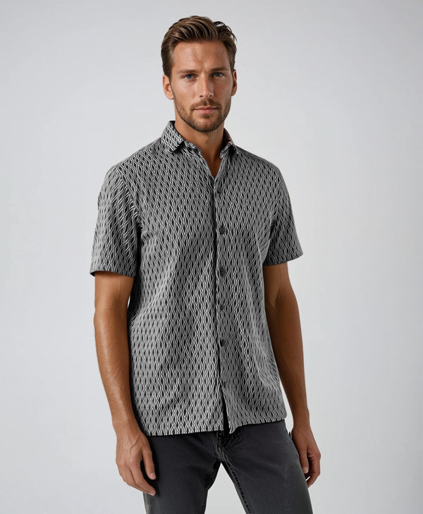 Ike Behar Black And White Jacquard Diamond Contrast Knit Short Sleeve Shirt