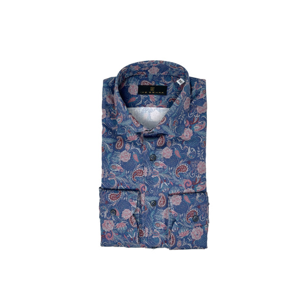 Ike Behar Blue Ground With Rose Floral Paisley Print Sport Shirt
