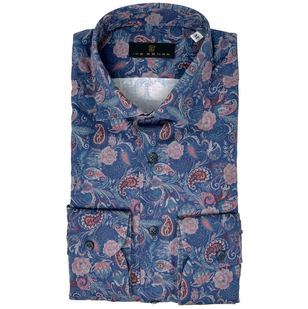 ike behar Blue Ground with Rose Floral Paisley Print Sport Shirt