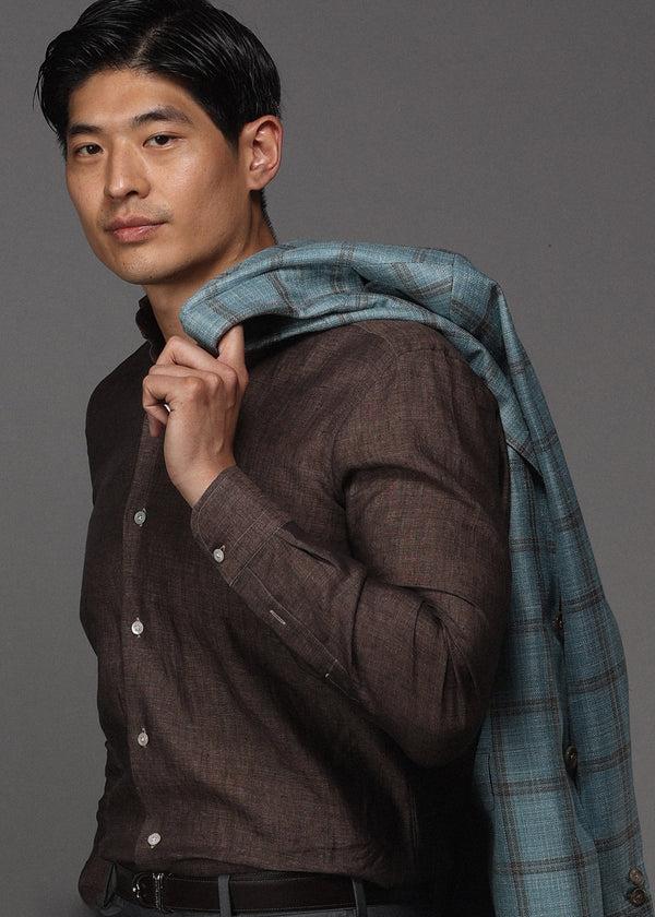 Ike Behar Chocolate Brown Hand Finished Italian Linen Shirt