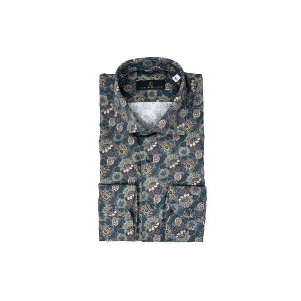Ike Behar Forrest Green Ground Floral Paisley Print Sport Shirt