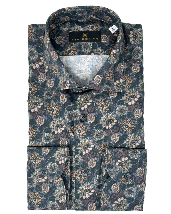 ike behar Forrest Green Ground Floral Paisley Print Sport Shirt