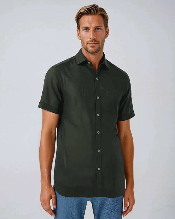 Ike Behar Green Linen And Cotton Blend Short Sleeve Shirt