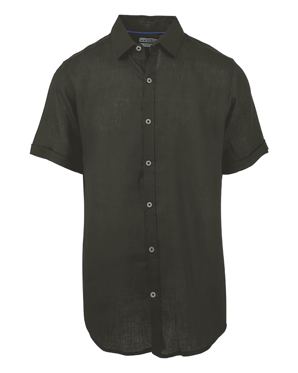 ike behar Green Linen and Cotton Blend Short Sleeve Shirt