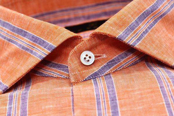 Ike Behar Hand Finished Orange With Violet Striped Italian Linen Sport Shirt