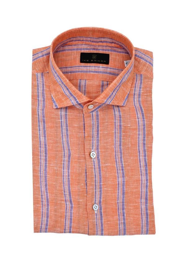 ike behar Hand Finished Orange With Violet Striped Italian Linen Sport Shirt