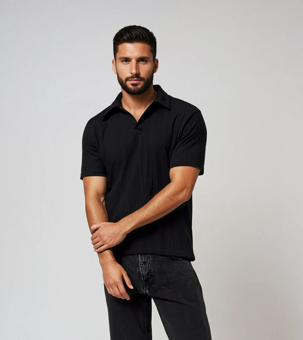 Ike Behar Black Cable Knit Johnny Collar Polo