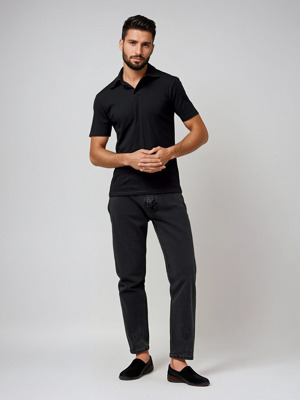 Ike Behar Black Cable Knit Johnny Collar Polo