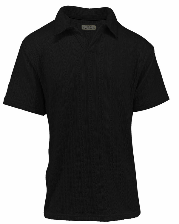 ike behar Black Cable Knit Johnny Collar Polo