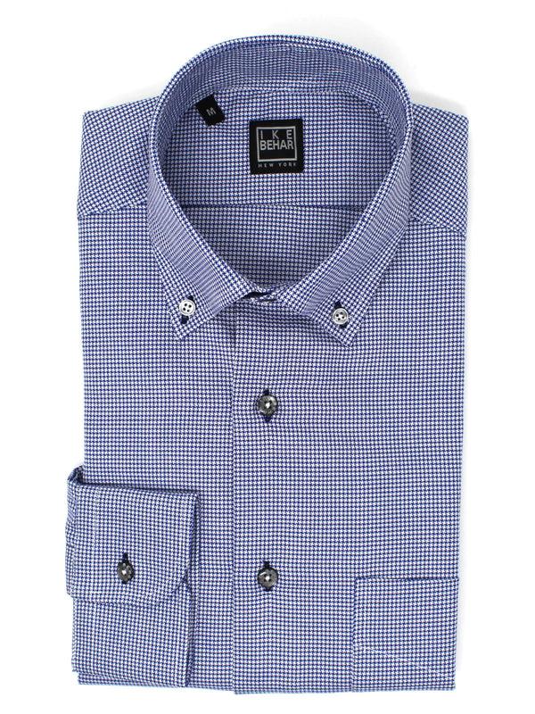 ike behar Blue Houndstooth Button-Down Sport Shirt