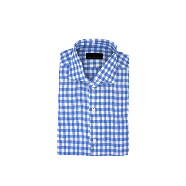 Ike Behar Blue Linen Buffalo Check Sport Shirt