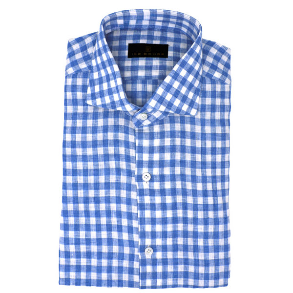 ike behar Blue Linen Buffalo Check Sport Shirt