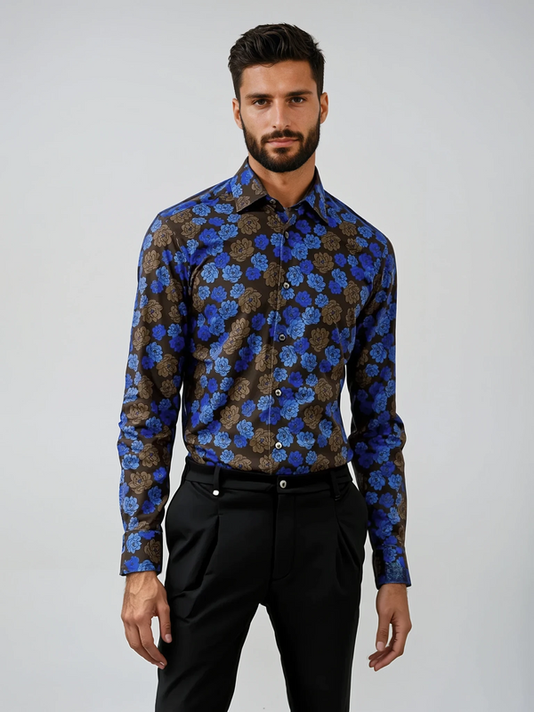 Ike Behar Navy And Bronze Floral Print Sport Shirt