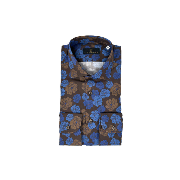 Ike Behar Navy And Bronze Floral Print Sport Shirt