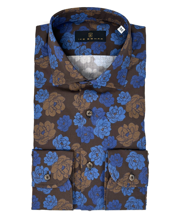 ike behar Navy and Bronze Floral Print Sport Shirt
