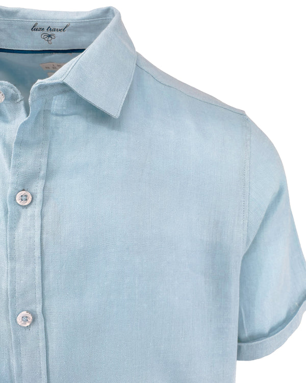 Ike Behar Sky Blue Pure Linen Short Sleeve Shirt